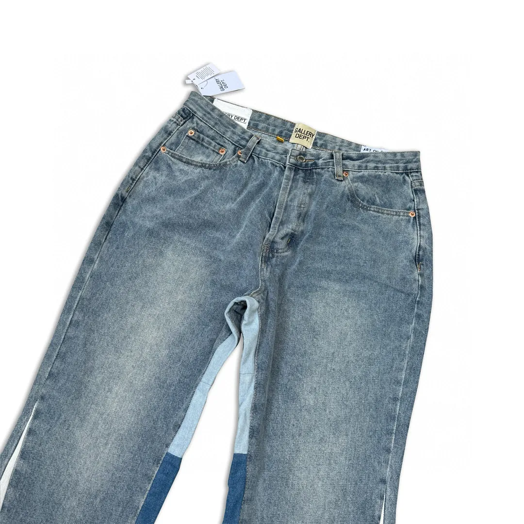 -Size upper body P246#G11 GALLERY DEPT. Denim bell-bottoms, washed and distressed spliced ​​jeans. GALLERY is attracted by these bell-bottoms. Whether it is a reset of Carhartt or Levis, it creates a strong brand style. Since these pants are modified from rare vintage, the production capacity is limited. Therefore, after many icons wore them, these pants were once hard to find. Later, perhaps due to the improvement of GD's business in the past two years and the expansion of production lines, the brand itself lowered the price, so I can't wait any longer for these pants this year and will definitely buy them. During the process of the denim washing plant, the owner of the washing plant helped introduce a boss who had worked for Levi's foundry and started his own business. This also paved the way for the following styles. Therefore, Levi's remodeled single product for the base plate is really familiar. Whether it is the fabrics supplied or the lathes used in production, there is nothing to choose from. -Color: blue -Size: S-XXL (corresponding to 28-36)